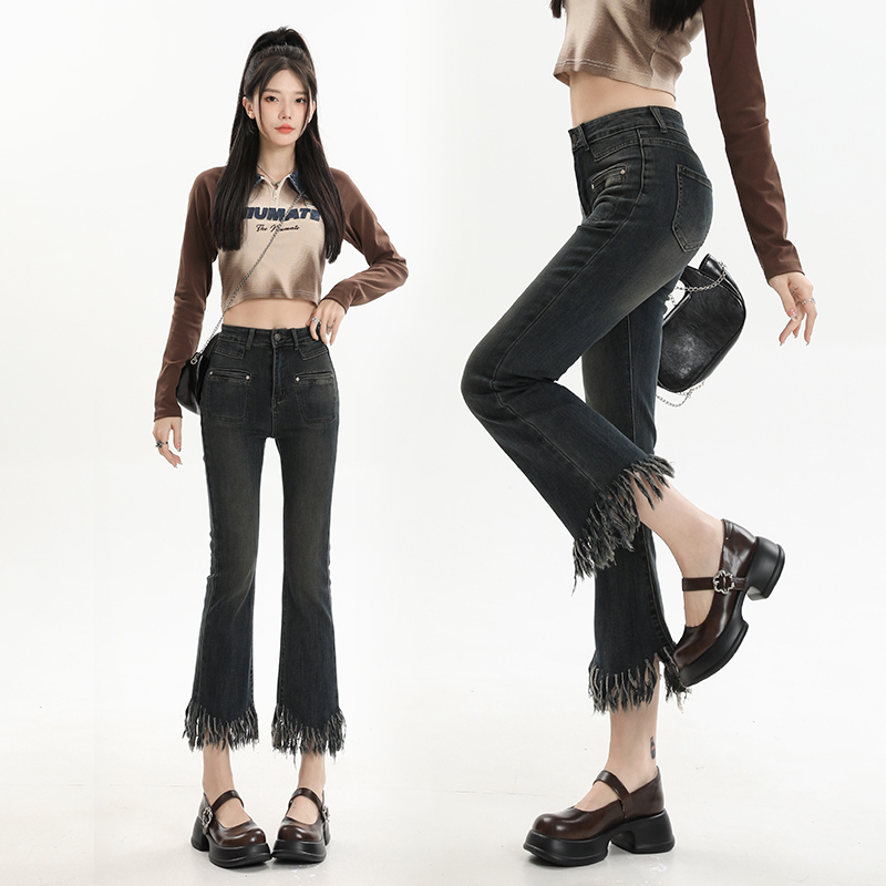 實拍2023秋季時尚新款高腰顯瘦彈力流蘇微喇牛仔褲女