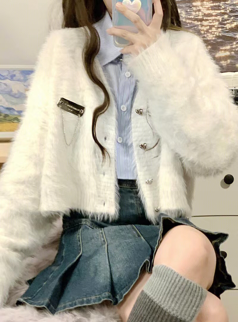 Fufu furry cardigan sweater for women autumn and winter short loose soft waxy gentle casual versatile spring and autumn sweater