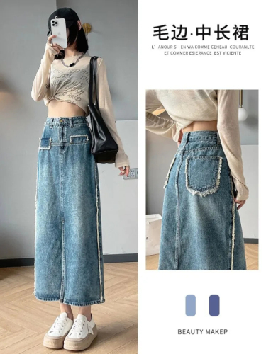 Slit denim skirt for women plus size  new autumn high-waisted A-line raw edge hip-covering mid-length skirt trendy