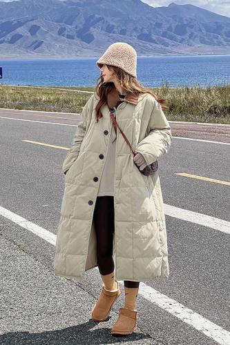 Lapel khaki long down jacket for women  new winter style loose casual Korean style cotton jacket trendy