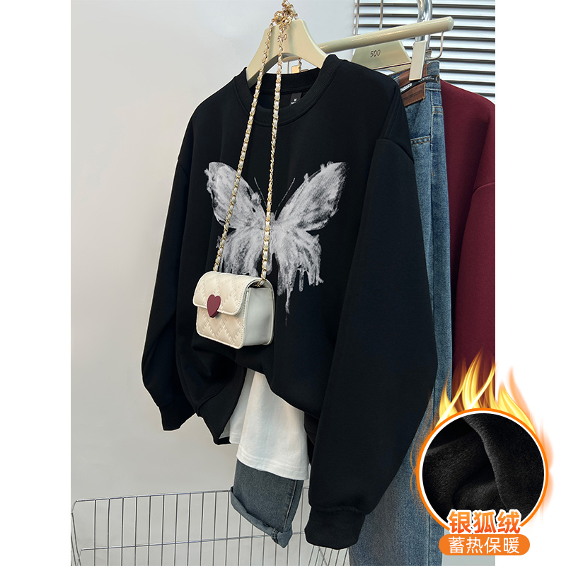 420g Chinese cotton composite silver fox velvet new autumn and winter loose round neck sweatshirt for women
