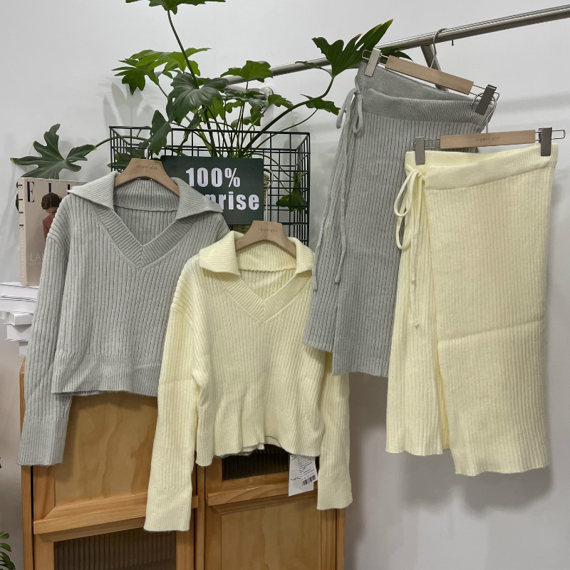 M design wool knitted casual suit women's autumn and winter V-neck sweater irregular skirt age-reducing fashion two pieces