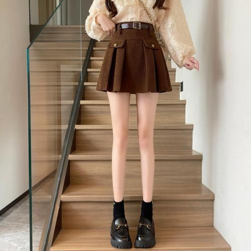 ****~Real shot of corduroy short skirt, high-waisted slimming A-line pleated skirt for women in autumn and winter