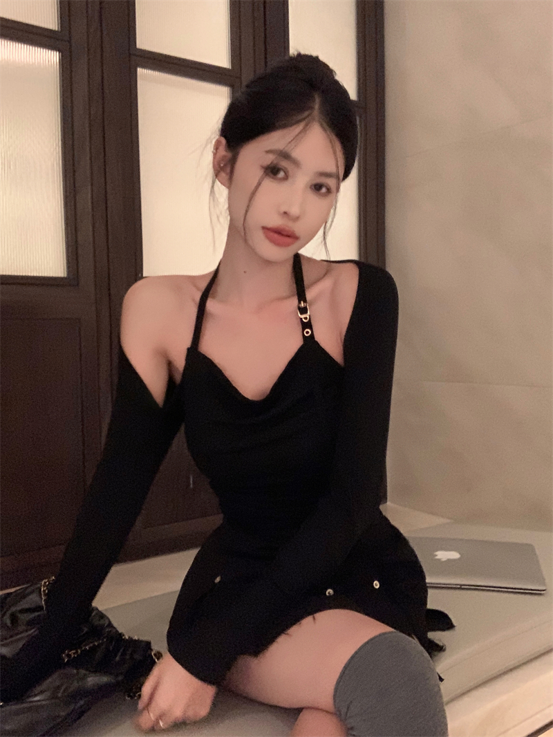 實拍 設計感小眾修身挖肩假兩件U領內搭長袖上衣