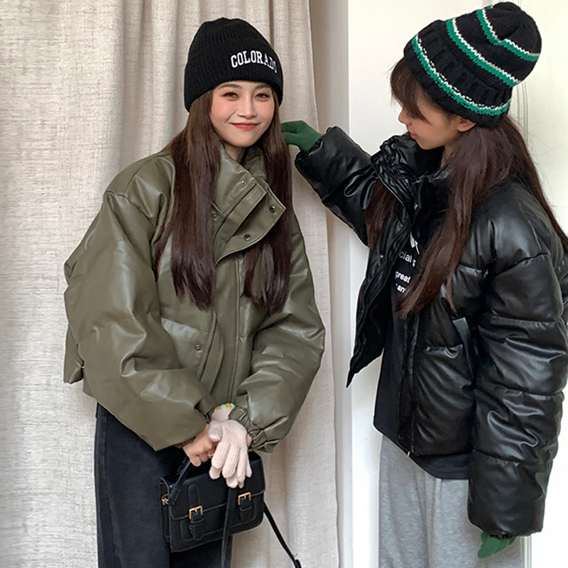 American retro pu leather cotton jacket for women 2023 winter new short fashion ins loose small man jacket