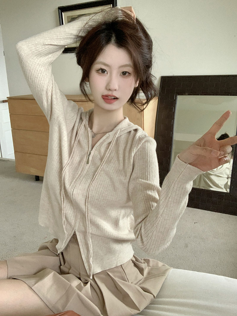 Real shot Korean style lazy style loose and versatile hooded sweater autumn and winter slimming zipper cardigan top