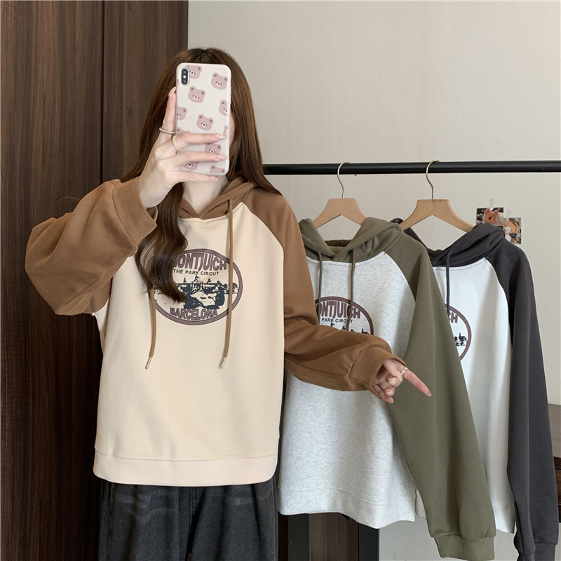 Actual shot of pure cotton Chinese cotton thin back collared contrasting color hooded sweatshirt for women