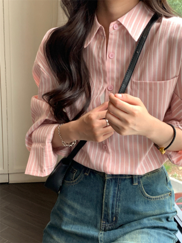 Spring and Autumn Salt Chic Blue Striped Shirt Women's Loose Casual Lazy Style Thin Sun Protection Jacket Top