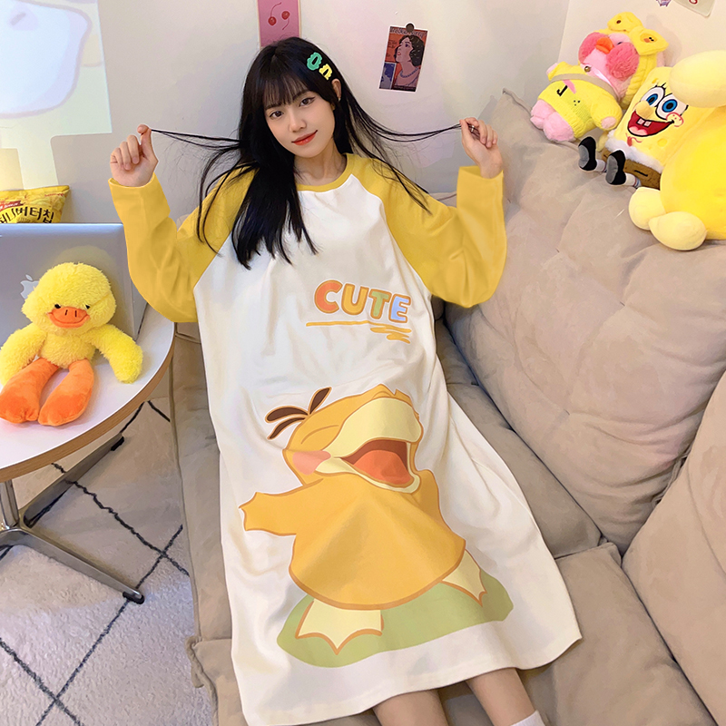艾尚新款睡裙女秋冬睡衣女孕婦長袖款長裙大碼寬鬆家居服仿棉