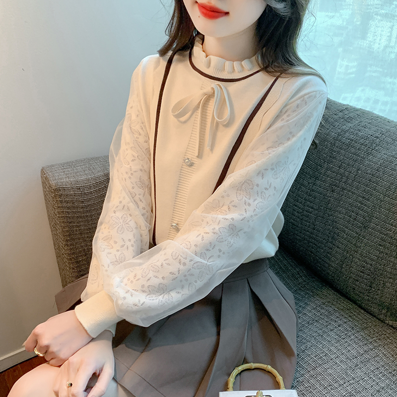 實拍2023秋冬女裝秋冬款洋氣木耳邊半高領蝴蝶結針織拼接打底毛衣