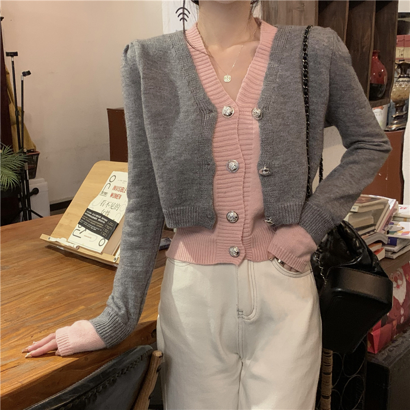 Real shot of designer V-neck color-blocked fake two-piece knitted cardigan sweater for women