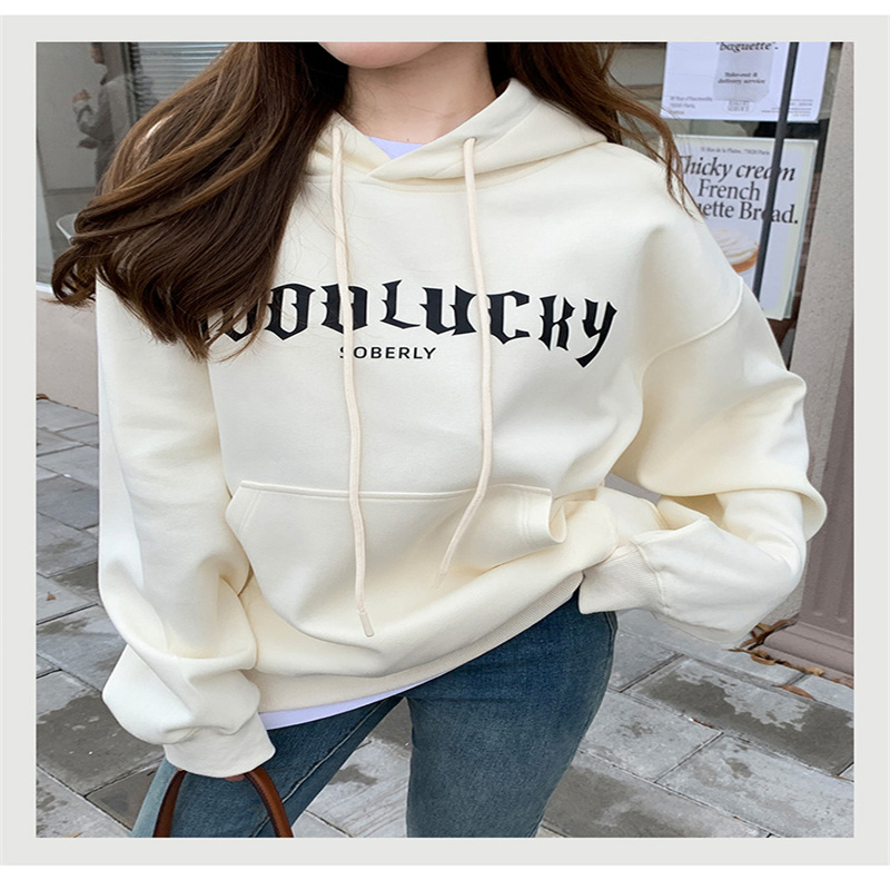Plush velvet and thickened American printed sweatshirt women's mid-length loose hooded coat couple wear long-sleeved top