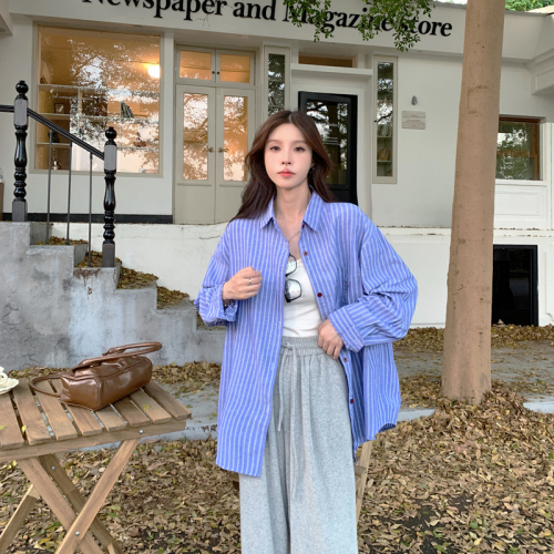 Korean retro striped shirt women's loose  early autumn slim design niche long-sleeved jacket top clothes