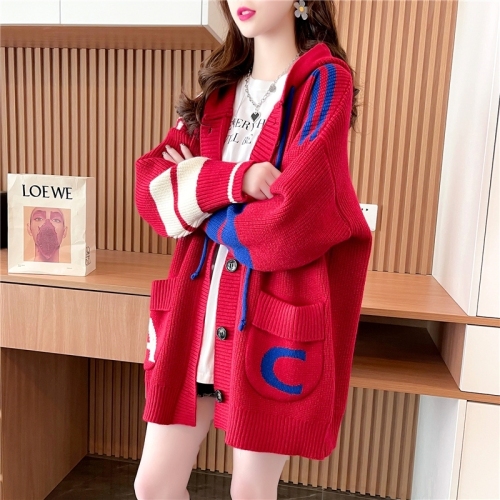 Lazy style hooded sweater women's cardigan mid-length Korean style new autumn and winter loose design knitted jacket