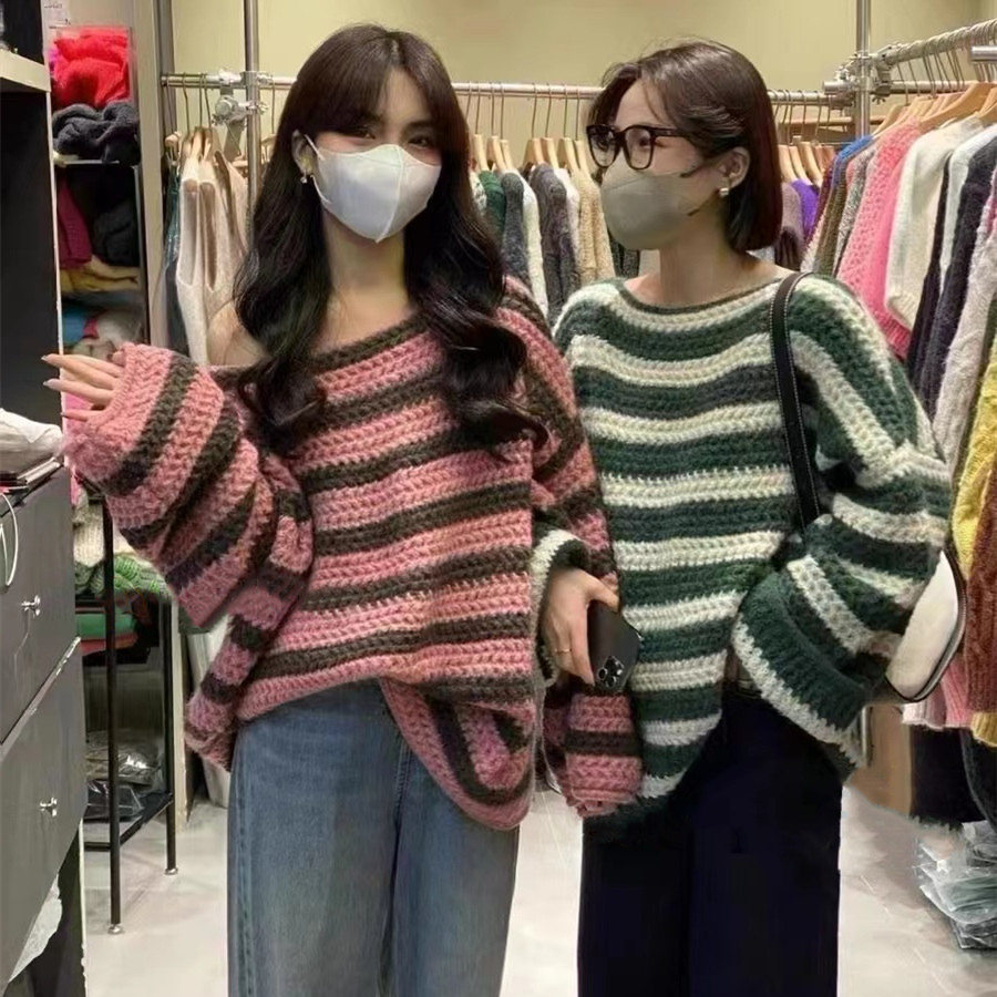 Double Seven striped lazy style sweater for women 22 autumn and winter new Korean style loose pullover long-sleeved sweater