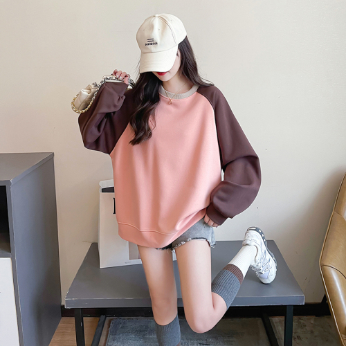 First real shot of Chinese cotton composite 320g sweatshirt for women, spring and autumn thin raglan sleeves, trendy round collar, large size women's clothing 200 pounds