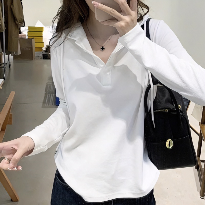 Good quality 40 count 1*1 pure cotton long-sleeved T-shirt women's new drawstring bottoming shirt short irregular curved top