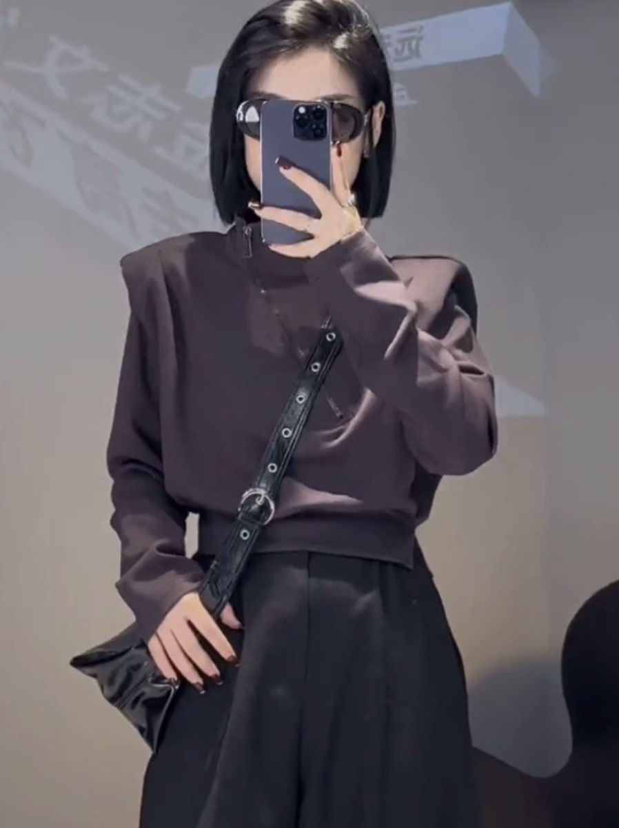 華棉複合牛奶絲+後包領秋季斜拉鏈半高領衛衣女短上衣