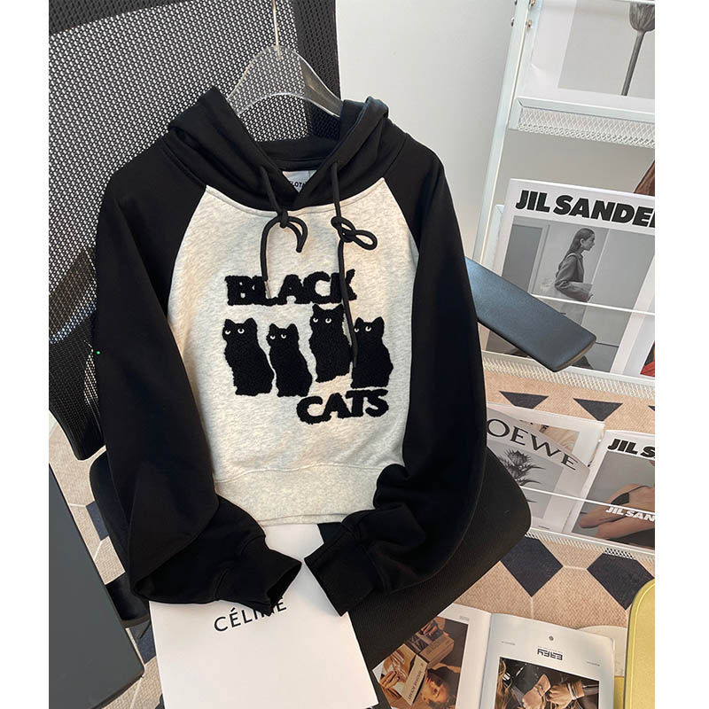 Original workmanship stitching hooded raglan sleeve sweatshirt women's fun bunny flocking embroidery flower short thin top