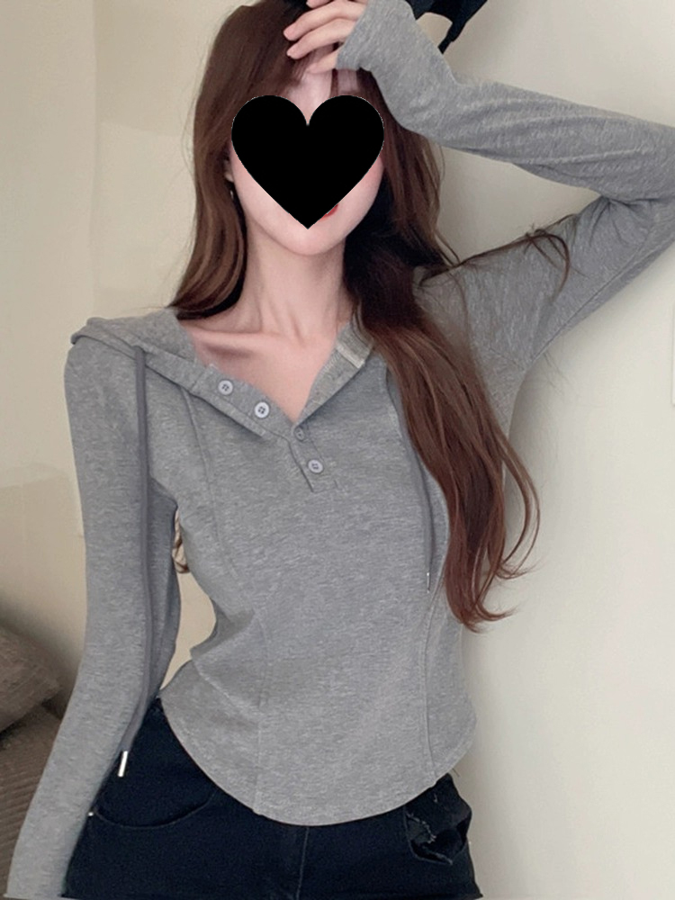 修身打底衫女秋季內搭純欲T恤連帽設計感小眾別致上衣