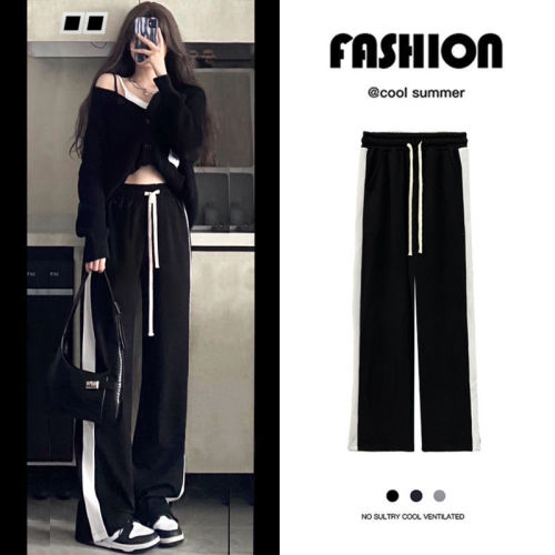 Black splicing women's spring, autumn and summer new Korean style casual straight-leg loose wide-leg pants high-waisted slim trousers trendy