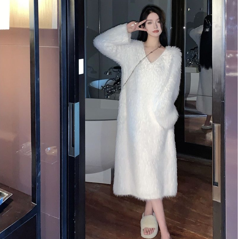 Imitation mink velvet over-the-knee sweater dress for women 2023 new autumn and winter Korean style lazy style long knitted bottoming dress