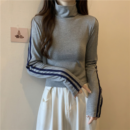 Retro turtleneck slim slim long-sleeved T-shirt for women in autumn and winter new style thin velvet short top striped bottoming shirt