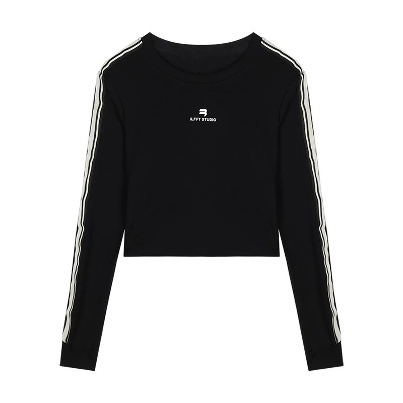 Official photo, short long-sleeved black T-shirt for women, autumn and winter sports tops for small people with a sense of design for niche hotties.