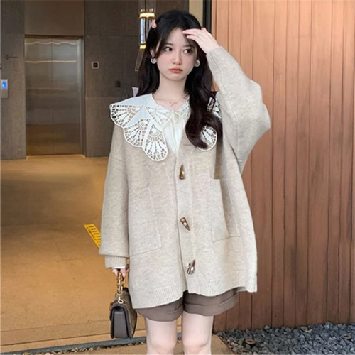 Miss Chipmunk Iceland Love Letter Mixed Color Horn Button Knitted Cardigan Women's Autumn Lazy Loose Sweater Top