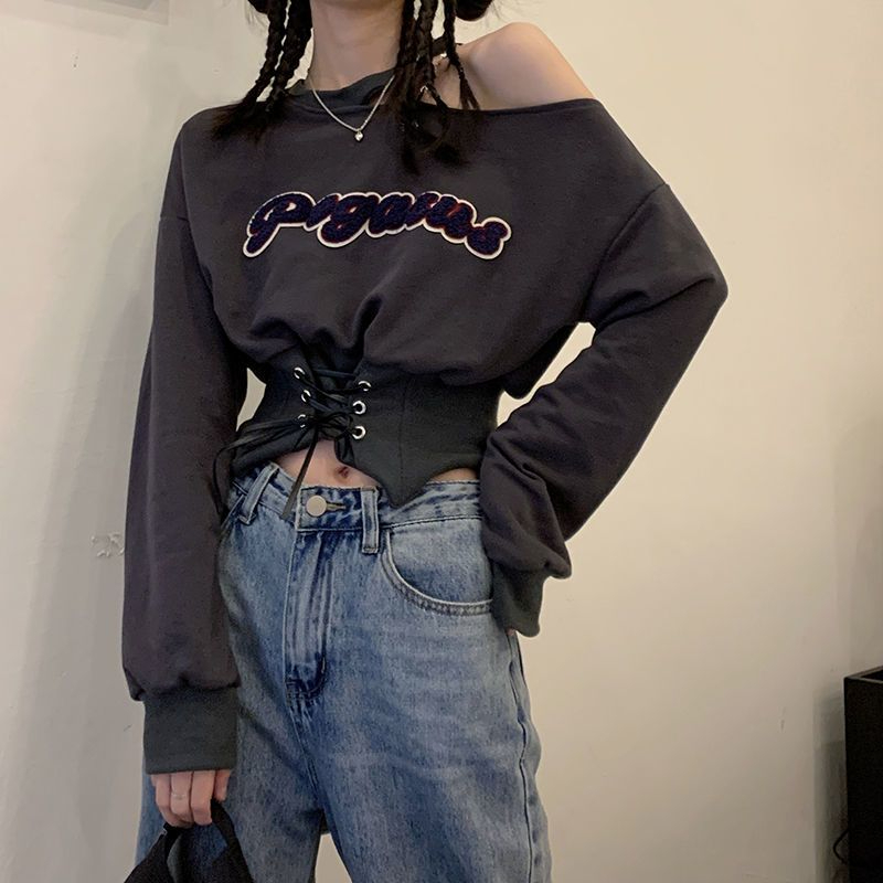 6535 off-shoulder sweatshirt for women spring and autumn new design girdle long-sleeved hot girl suit halter neck top