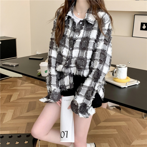 Western trendy checkerboard plaid denim jacket for women  autumn and winter new style loose design tassel shirt