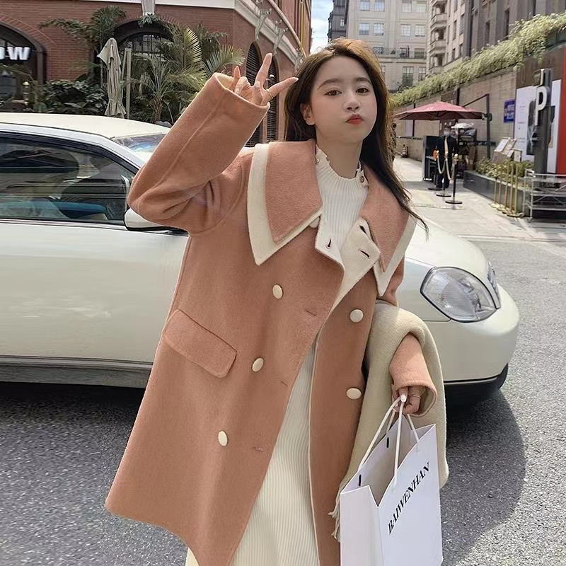 Pink sweet and gentle style woolen coat for women autumn and winter 2023 new style doll collar advanced small person woolen coat