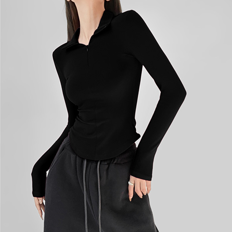 Original American lapel long-sleeved T-shirt for women in autumn new tight-fitting and slimming bottoming half turtleneck top trendy