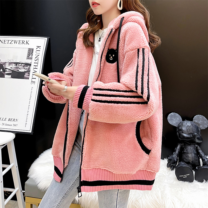 Good quality 380g lamb velvet embroidered sweatshirt for women winter hooded plus velvet thickened large size women's clothing