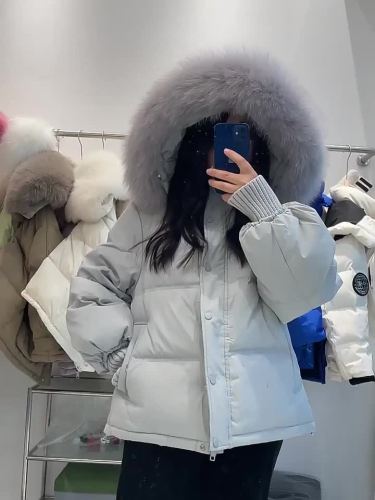 Korean version  winter Korean version hooded lady style solid color casual large fur collar down cotton coat for women