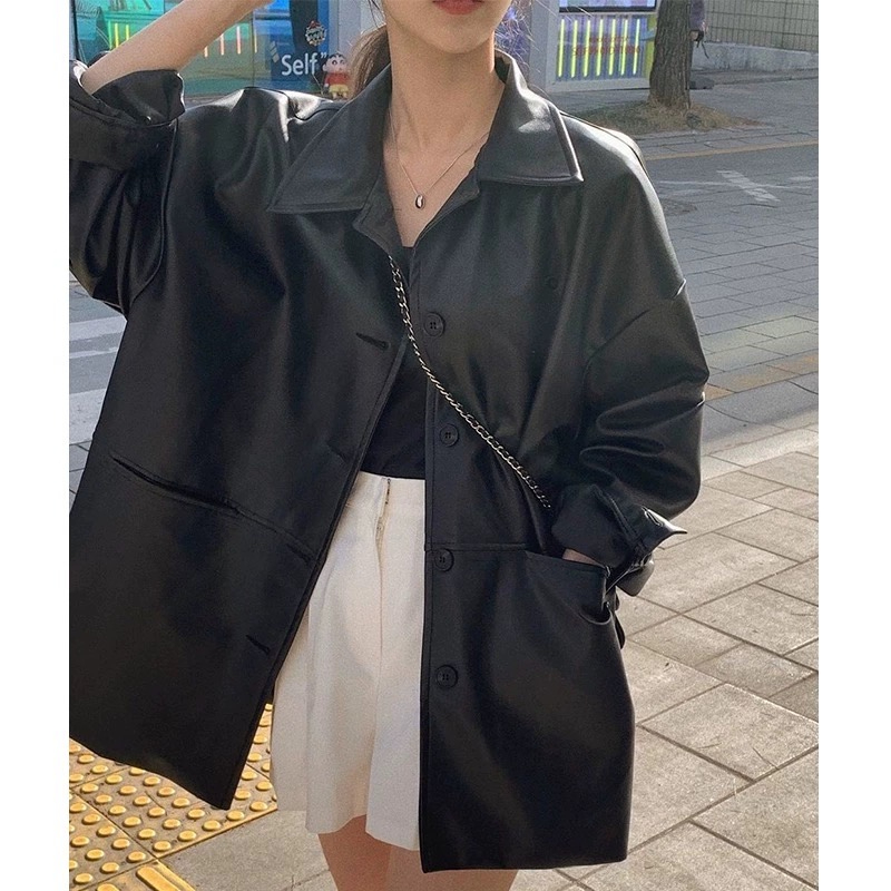 韓國帥氣翻領單排扣皮衣外套女秋季新款寬鬆百搭仿皮夾克上衣