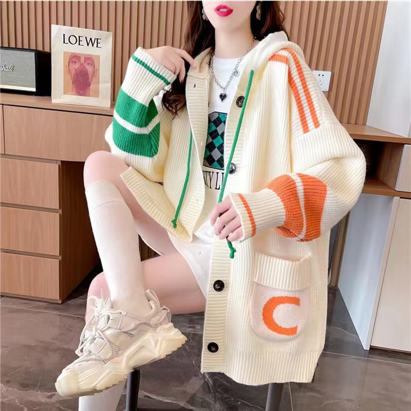 Lazy style hooded sweater women's cardigan mid-length Korean style new autumn and winter loose design knitted jacket