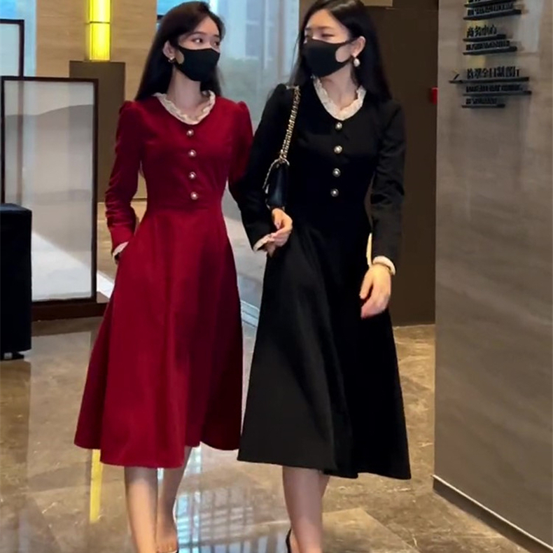 New Year's shirt red dress women's autumn and winter 2023 new high-end Hepburn style a-line long skirt New Year women's clothing