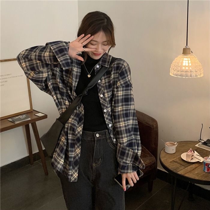 藏藍格子襯衫2023春秋新款大碼胖妹妹寬鬆顯瘦疊穿襯衣百搭外套女