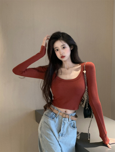 Real shot of hot girl u-neck long-sleeved T-shirt for women autumn 2023 new short style inner tight bottoming shirt top