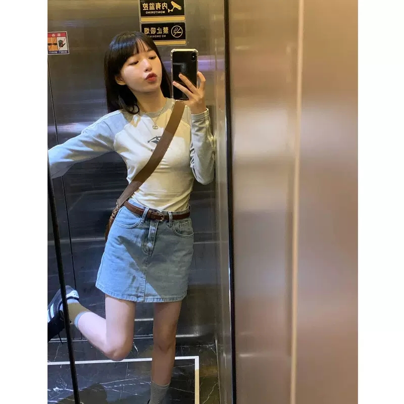 美式復古插肩長袖t恤女春秋季2023新款設計感小眾甜辣妹修身上衣