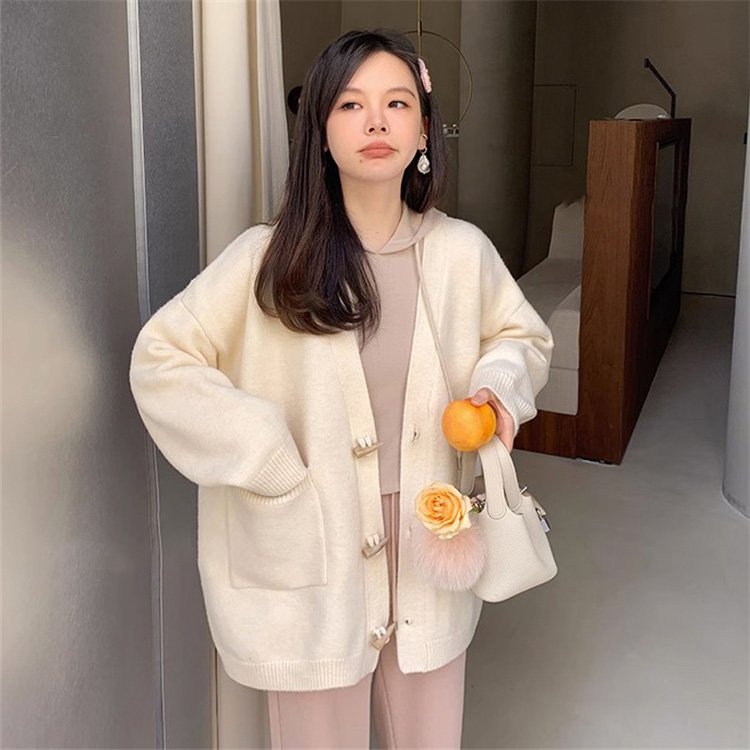 Miss Chipmunk Iceland Love Letter Mixed Color Horn Button Knitted Cardigan Women's Autumn Lazy Loose Sweater Top