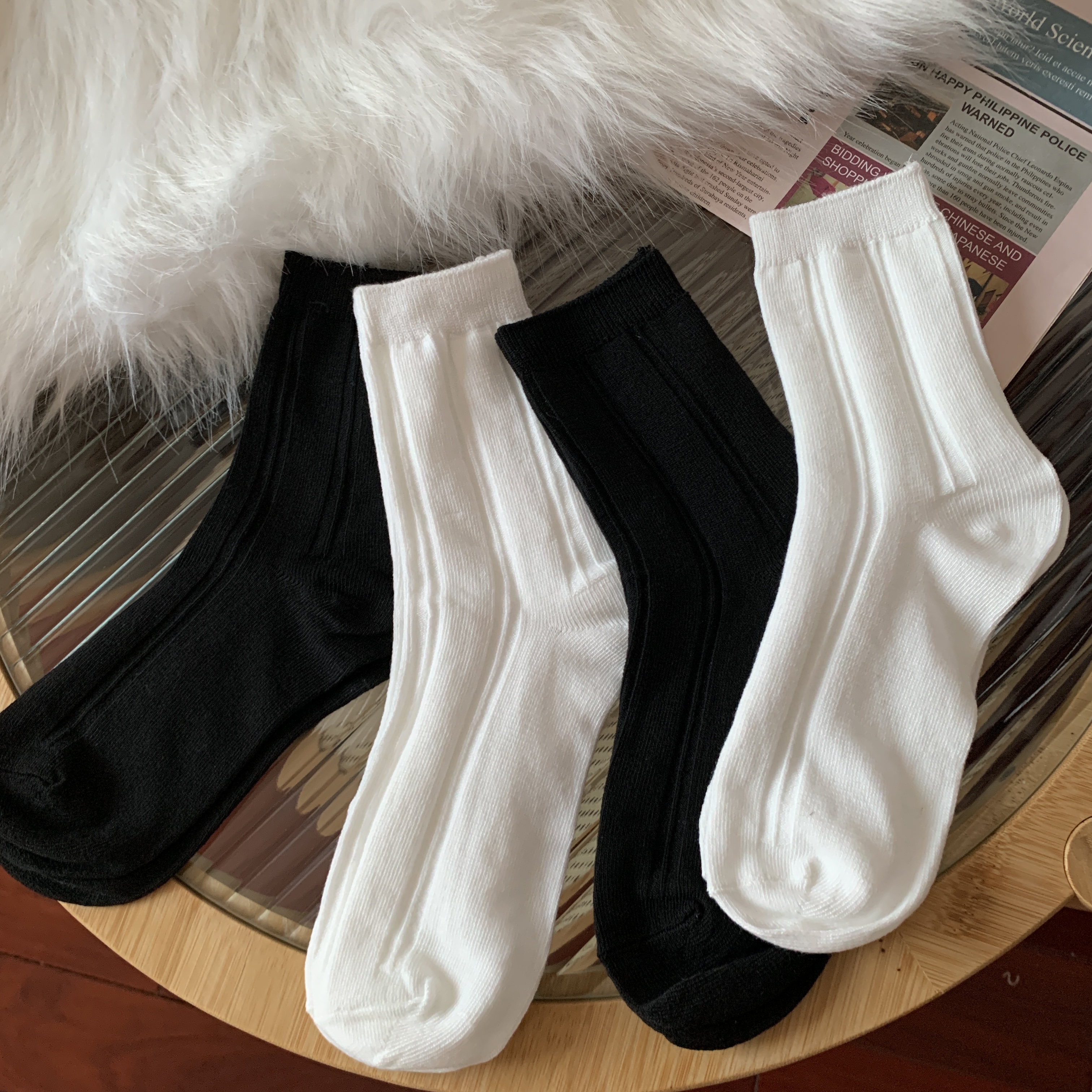 Actual shot of Korean style trendy and versatile mid-calf socks with antibacterial and deodorizing socks, 4 pairs in a pack