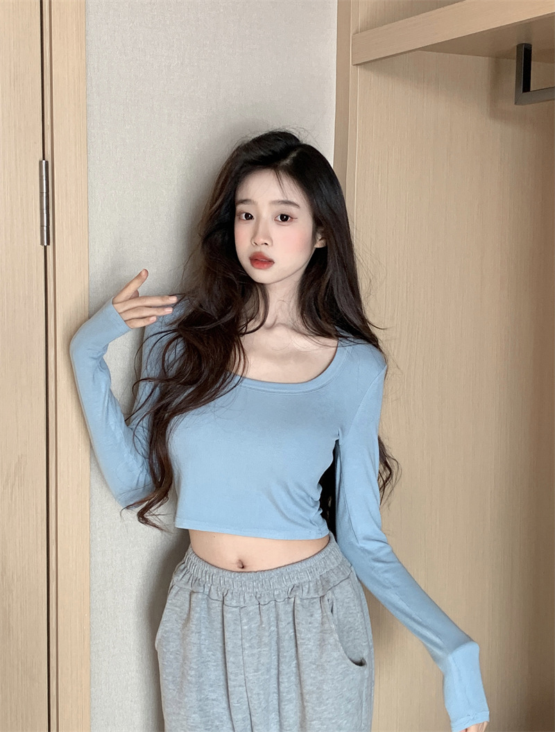 Real shot of hot girl u-neck long-sleeved T-shirt for women autumn 2023 new short style inner tight bottoming shirt top