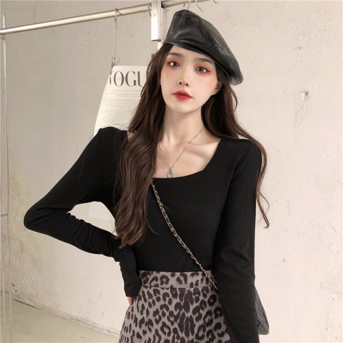 Brushed bottoming shirt women's long-sleeved T-shirt 2023 new autumn and winter design niche square collar beautiful and chic tops