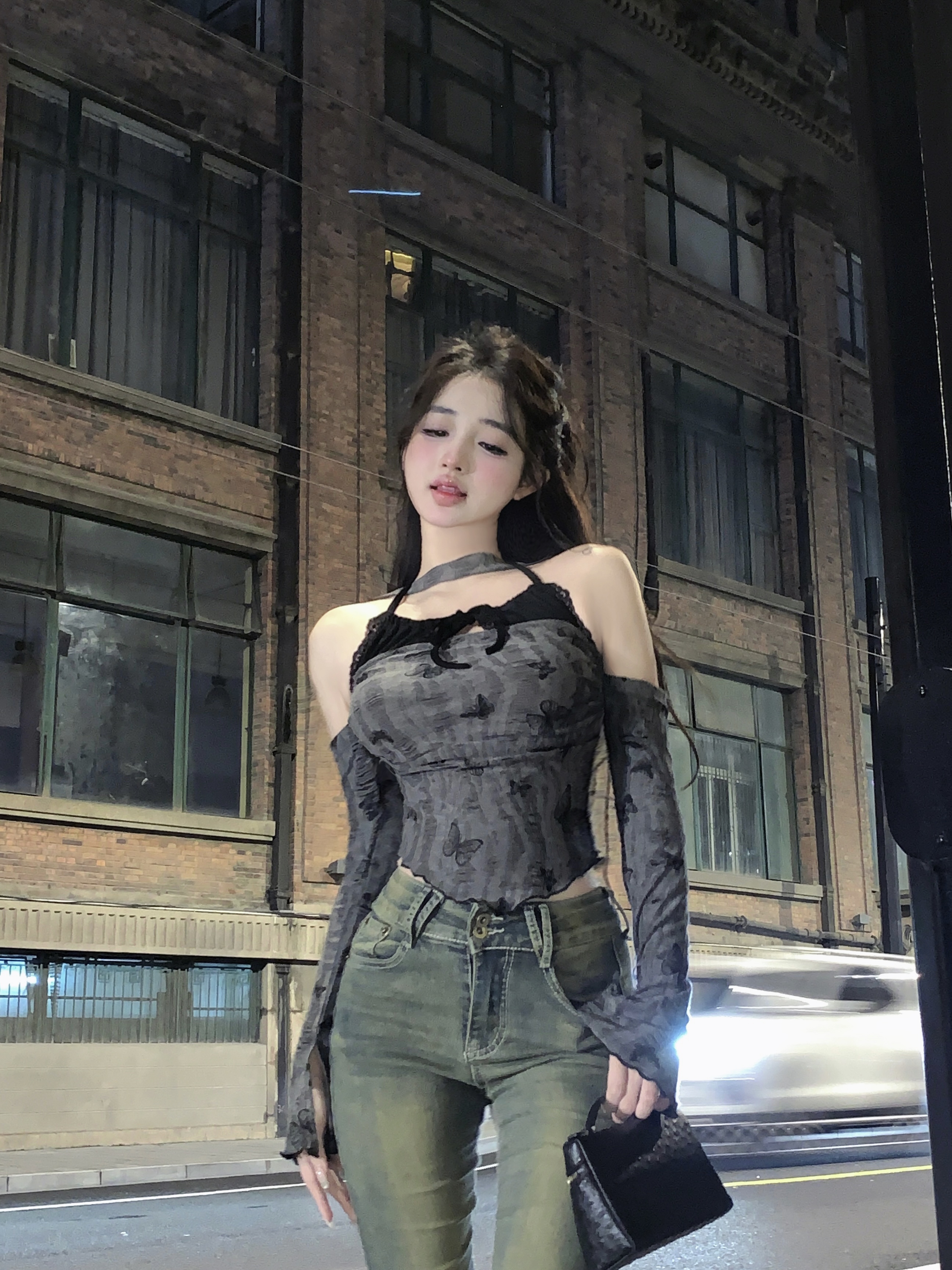 Actual shot of gray off-shoulder halter top, short waisted one-shoulder long-sleeved T-shirt