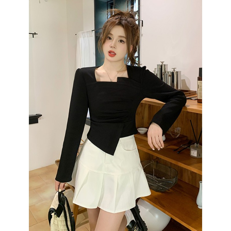 Irregular long-sleeved white T-shirt autumn women's 2023 new design slim short bottoming shirt top