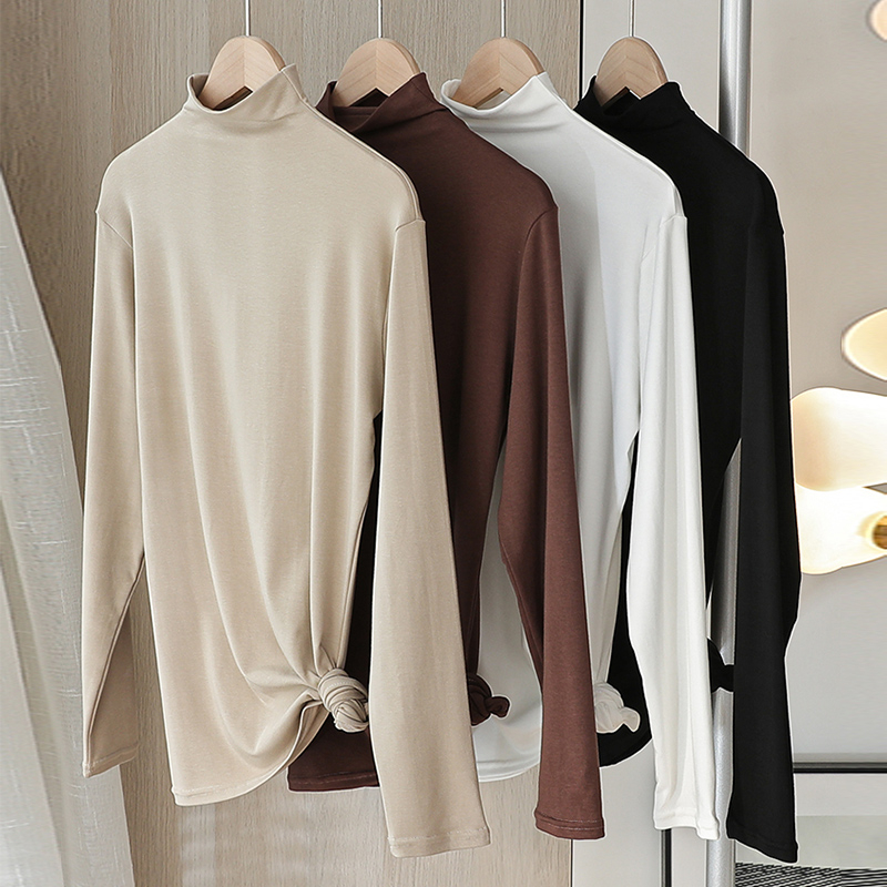 Original American-style T-shirt for women, long-sleeved, half-turtle collar, soft and waxy inner-fitting autumn and winter slim-fitting thin top