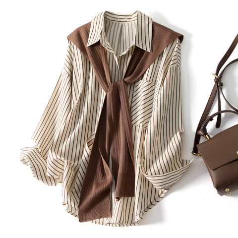 Original autumn style striped printed shirt women's knitted shawl two-piece top slimming age-reducing shirt