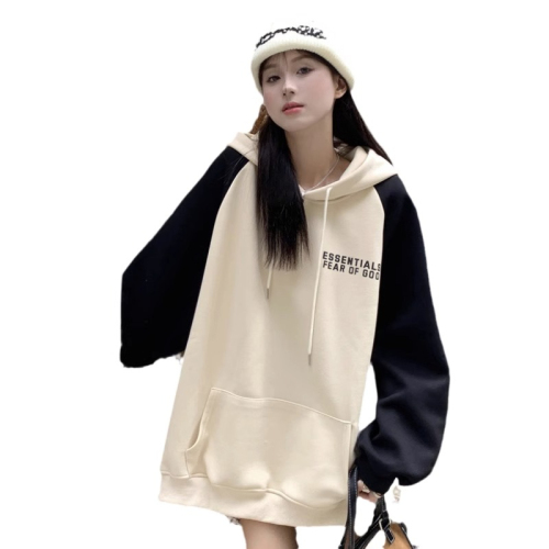 Plush mid-length contrasting raglan sleeve sweatshirt for women, loose, lazy, casual, versatile hooded winter top